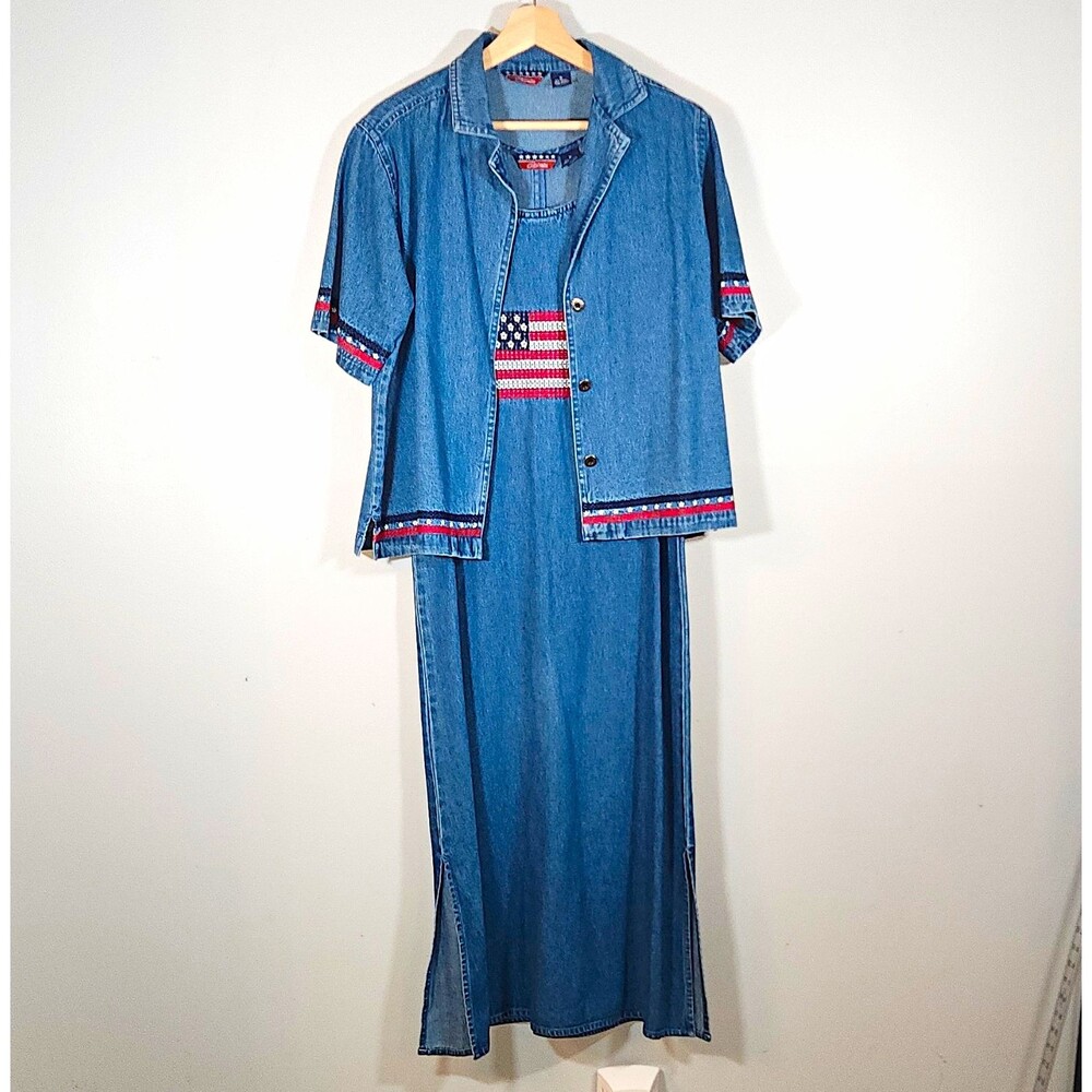 Vintage Sleeveless Patriotic Embroidered Denim Dress with Matching Top MED *